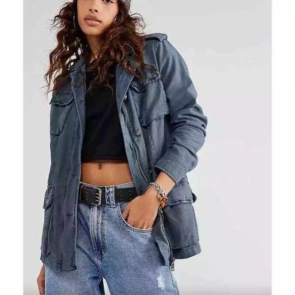 Free People Jackets & Blazers - Free People Not Your Brother's Cargo Jacket Distressed Blue Grey Cotton Twill S